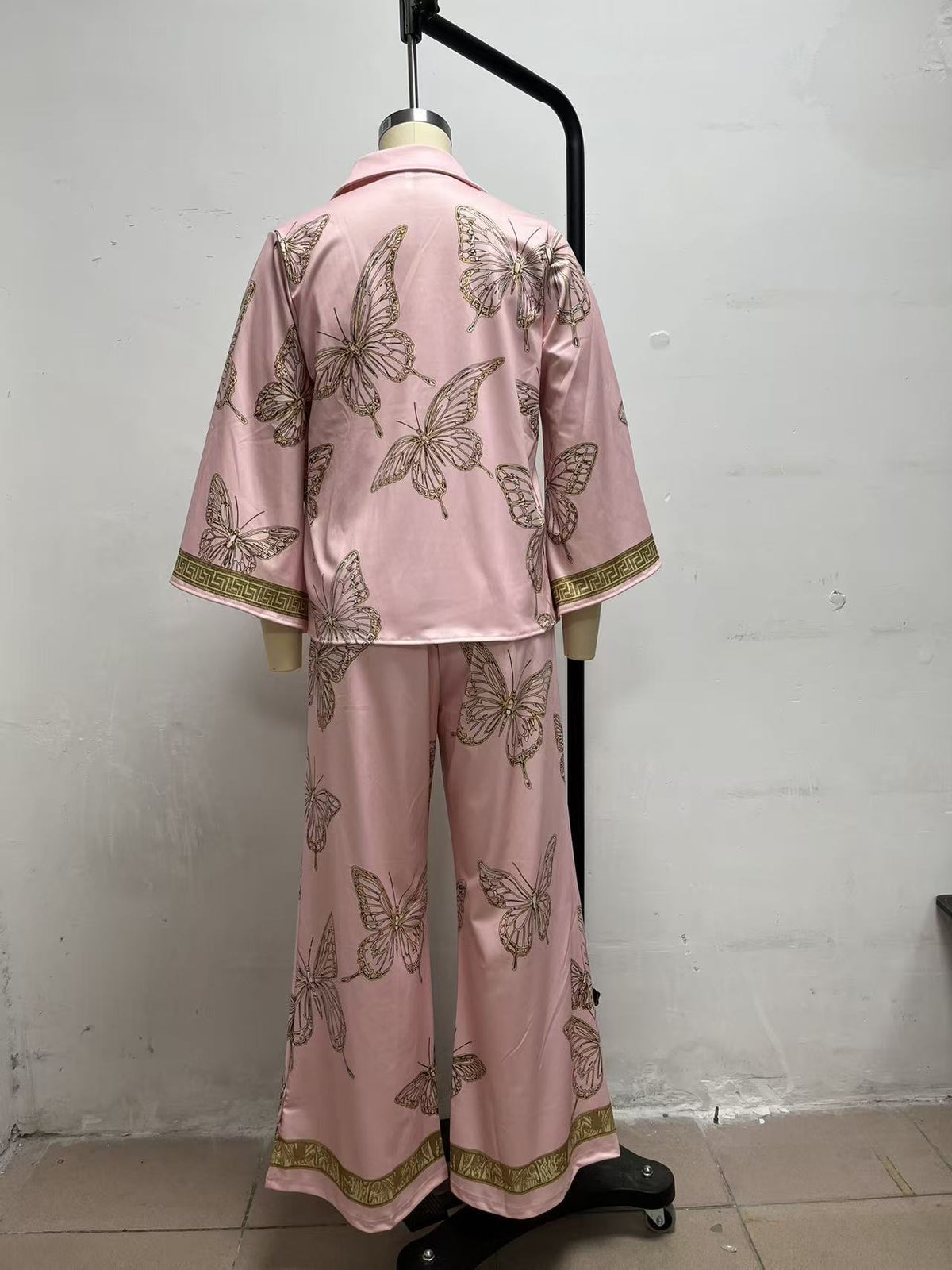 Boho Butterfly Print Two Piece Zip Up Top Wide Leg Pants