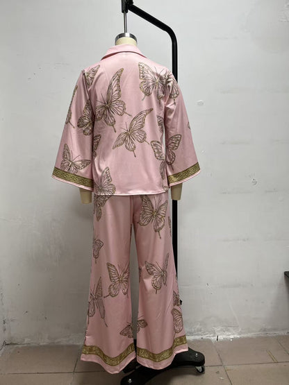 Boho Butterfly Print Two Piece Zip Up Top Wide Leg Pants