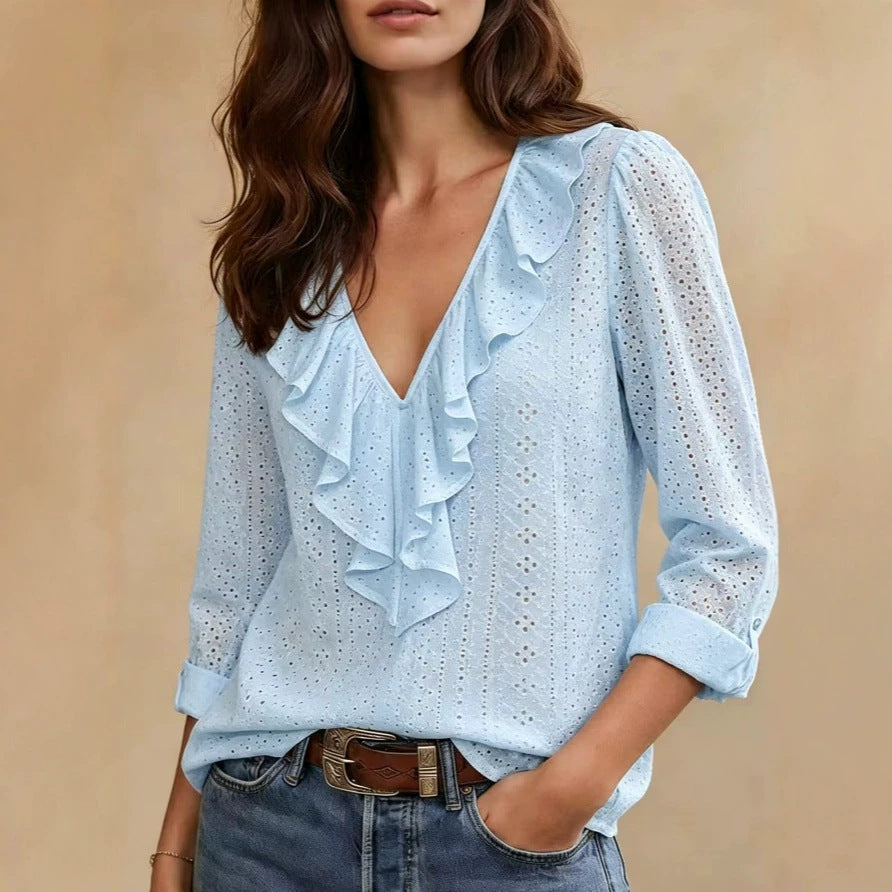 Women's Ruffle V Neck Eyelet Long Sleeve Blouse Top