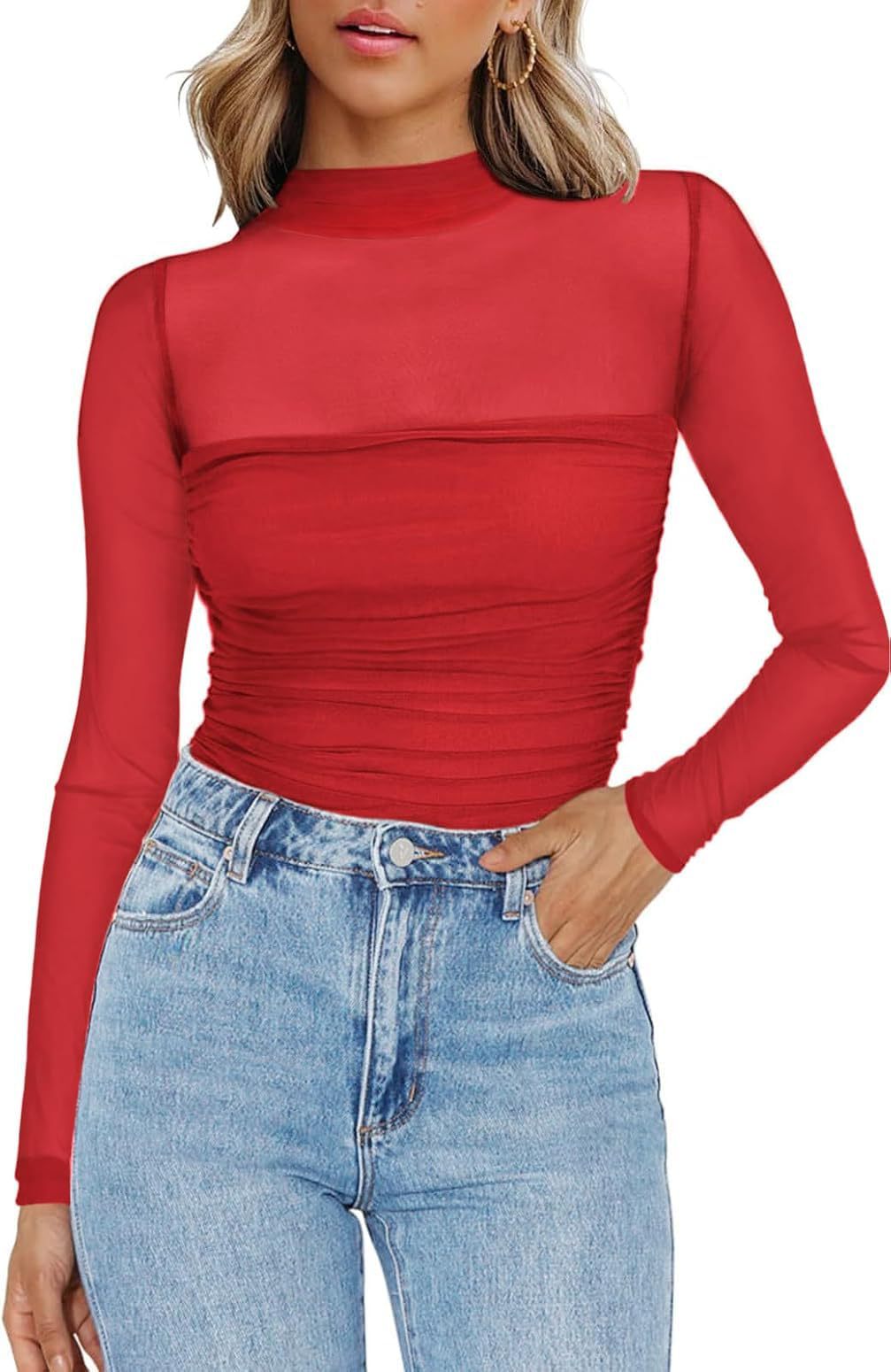 Y2K Mesh Semi-Turtleneck Long Sleeve Sexy T-Shirt
