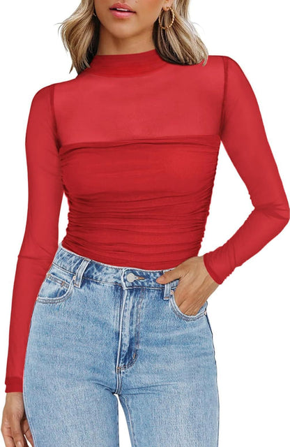 Y2K Mesh Semi-Turtleneck Long Sleeve Sexy T-Shirt