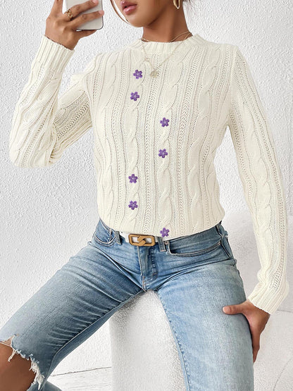 Women's Crew Neck Bottom Shirt Embroidered Flower Sweater