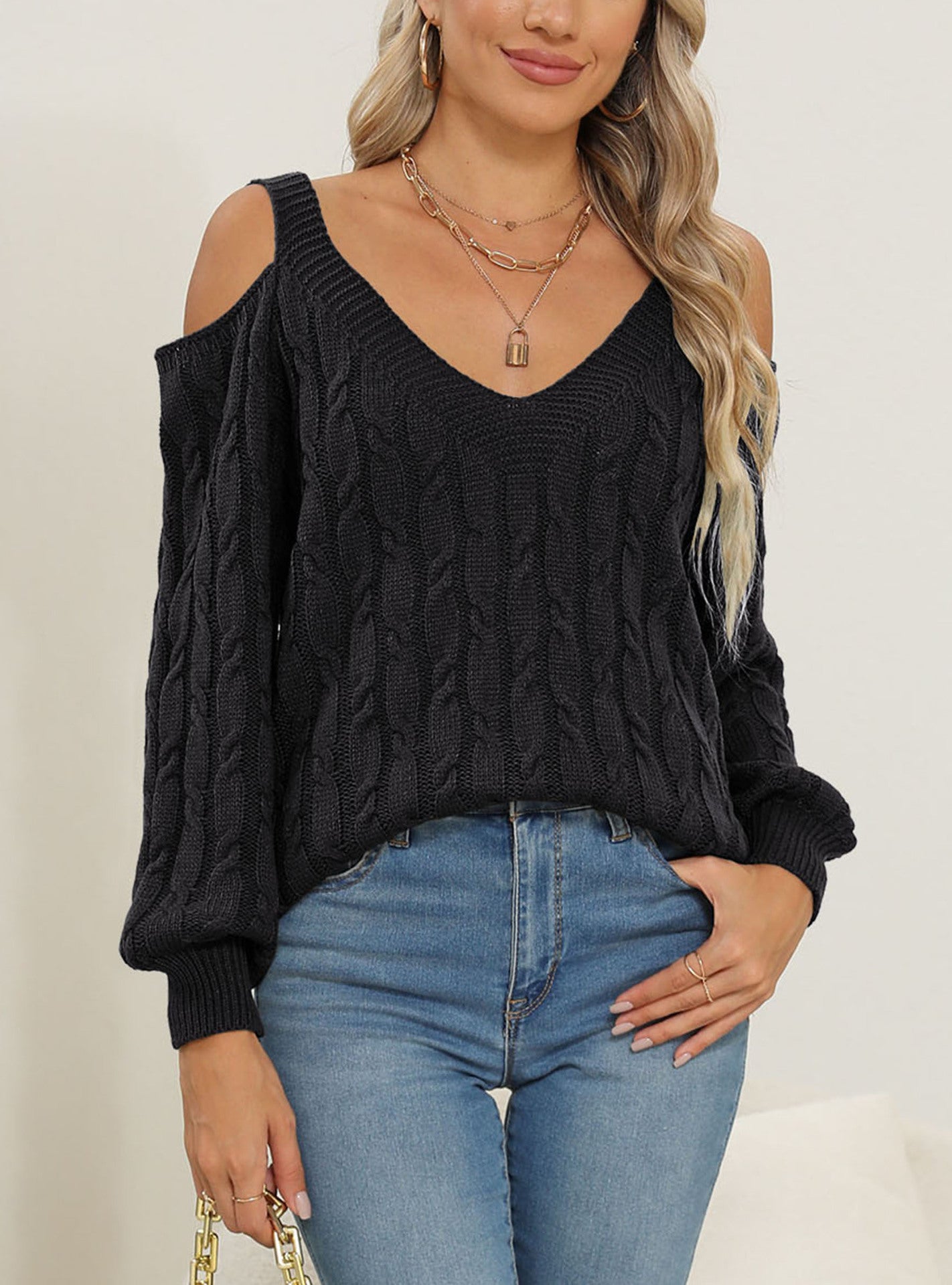 Women's Solid Color Bottoming Shirt Deep V Sexy Off-the-shoulder Loose