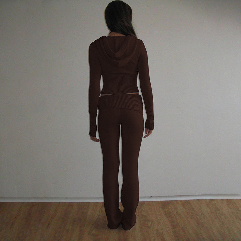 Women's Ribbed Knit Hoodie & Pants Two Piece Set