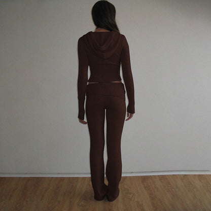 Women's Ribbed Knit Hoodie & Pants Two Piece Set