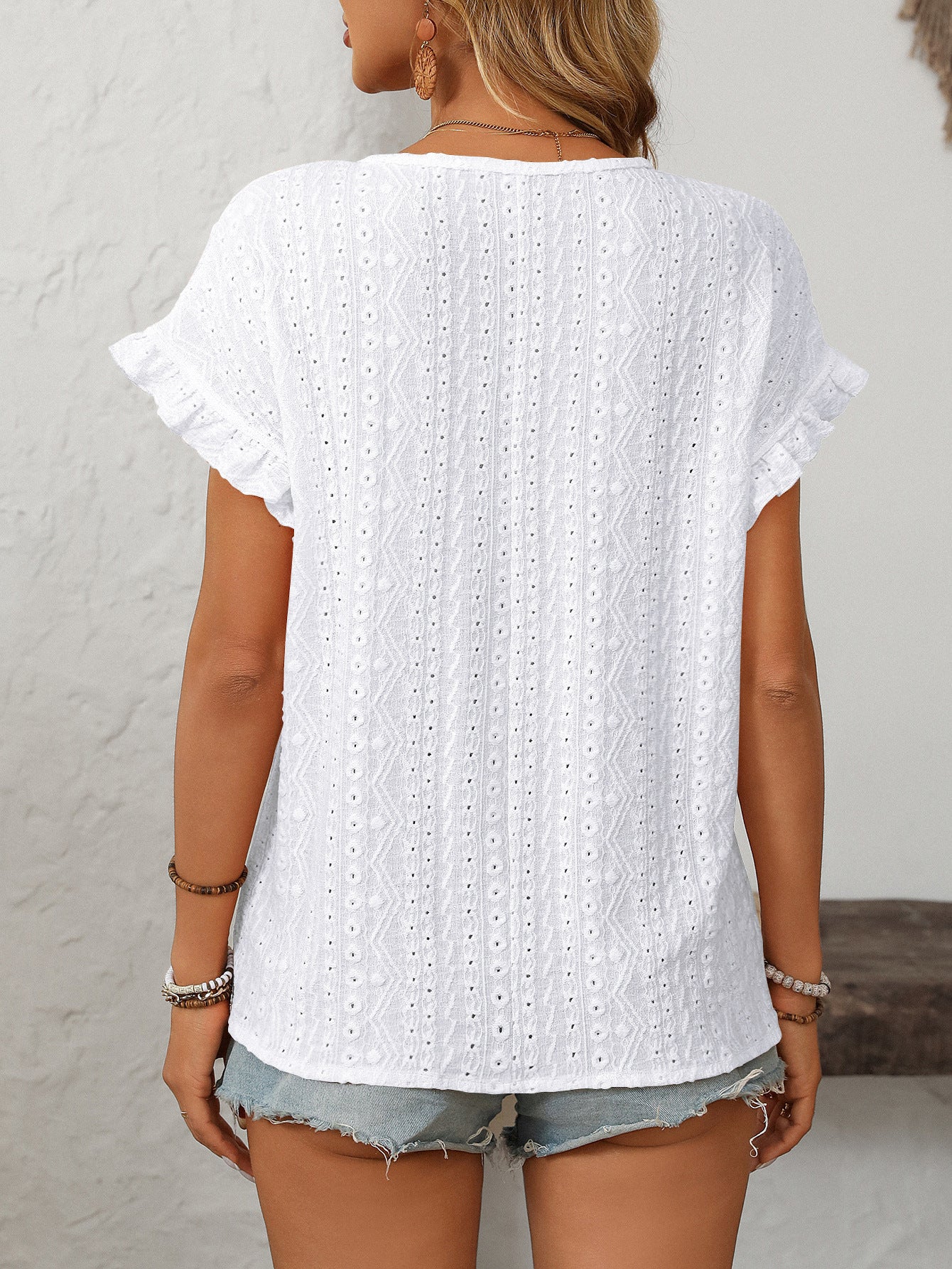 Women’s Eyelet Knit Crewneck Ruffle Sleeve Summer Top