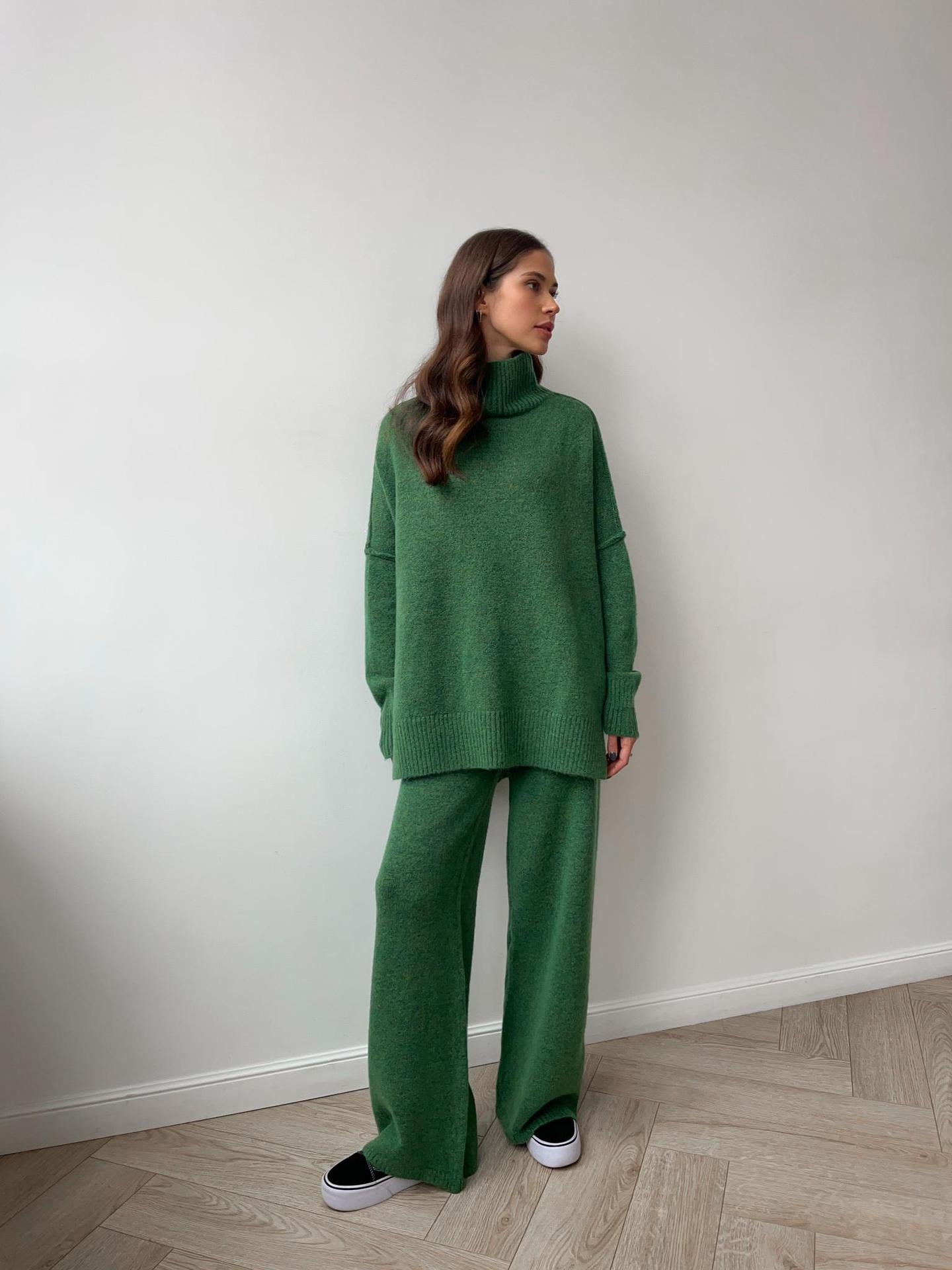 Knit Turtleneck Lounge Set with Wide Leg Pants