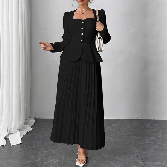 Elegant Black Pleated Maxi Dress Square Neck Long Sleeve