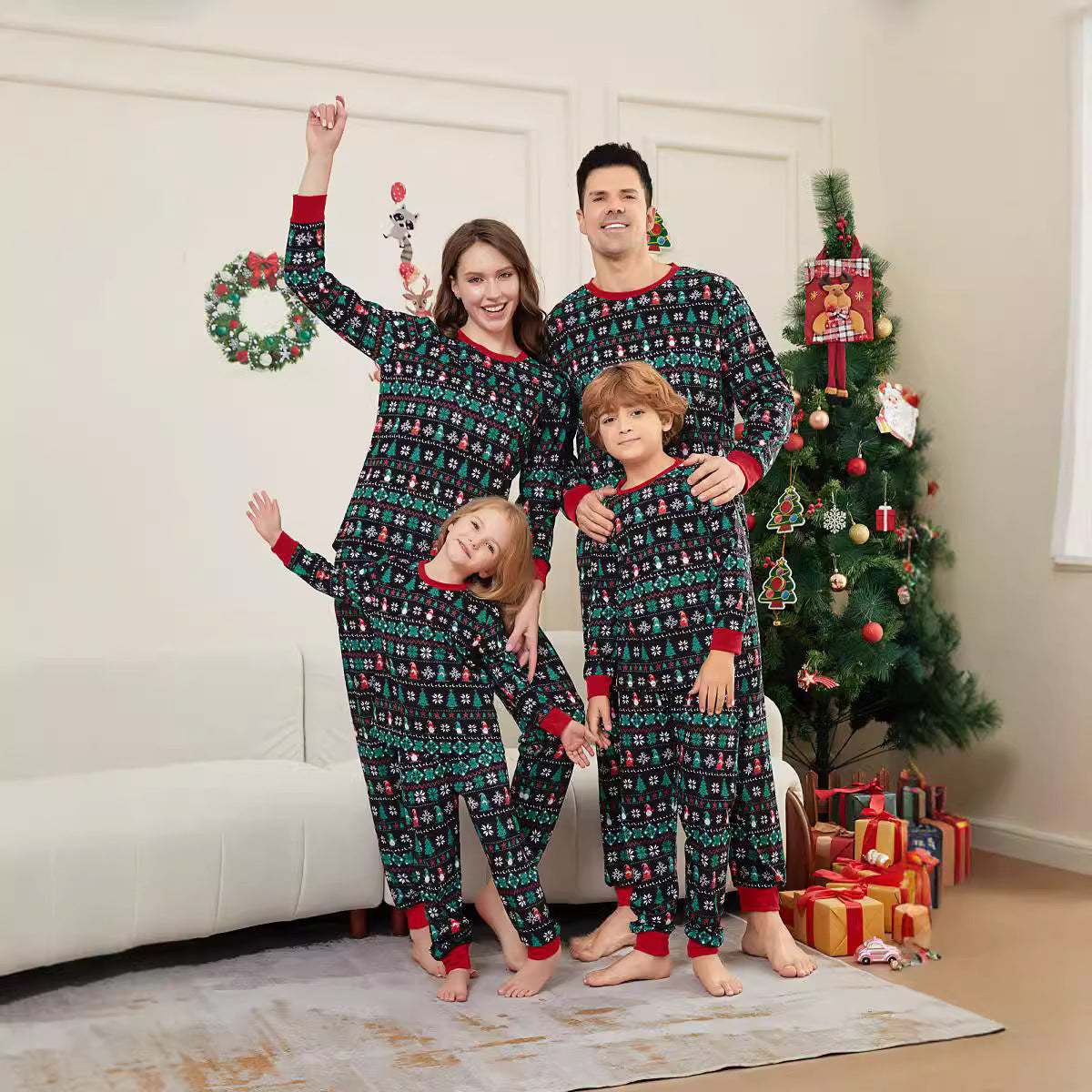 Christmas Tree Striped Full Flower Parent-child Dress Printed Christmas Pajamas