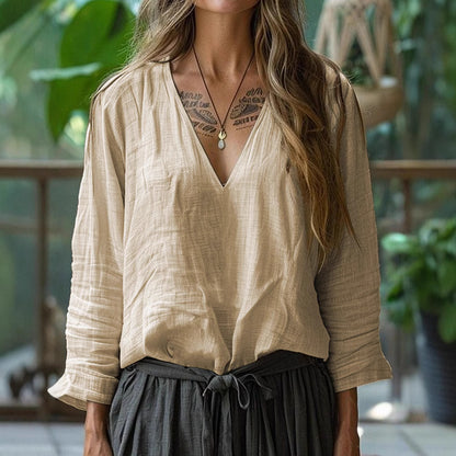 Women's V Neck Long Sleeve Cotton Linen Loose Fit Top