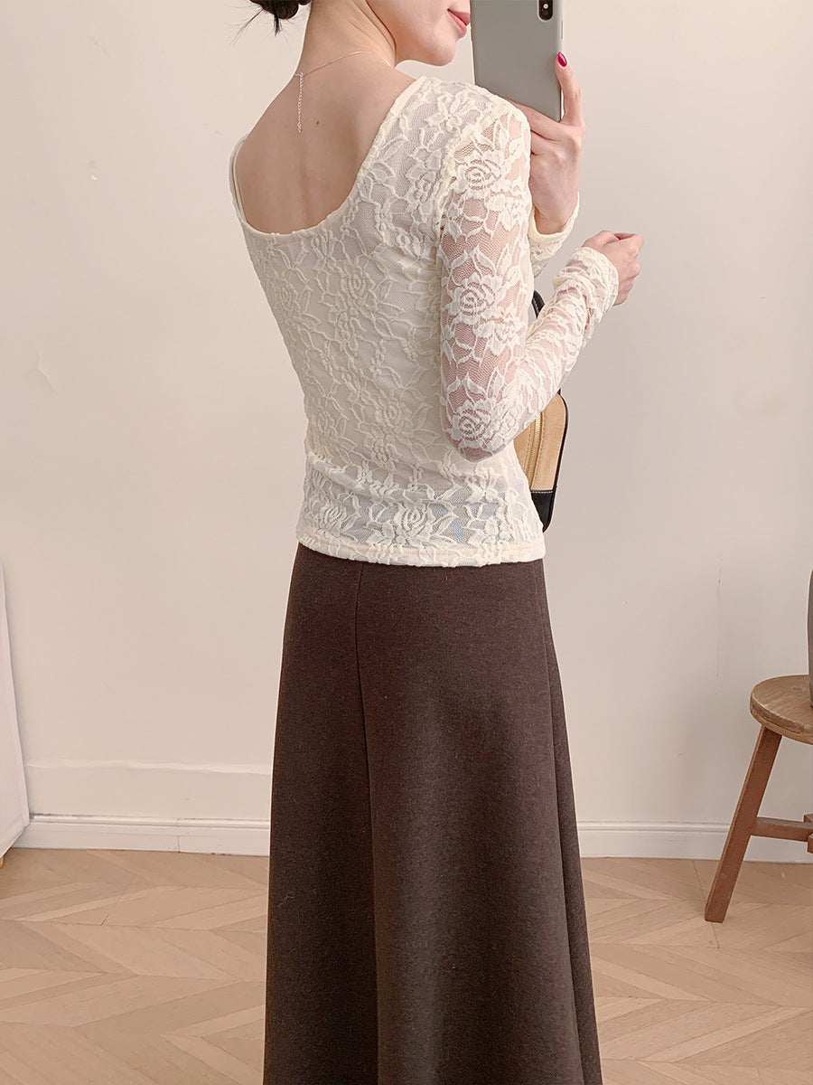 Sheer Lace Long Sleeve Top Fitted U Neck Blouse