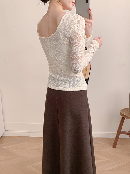 Sheer Lace Long Sleeve Top Fitted U Neck Blouse