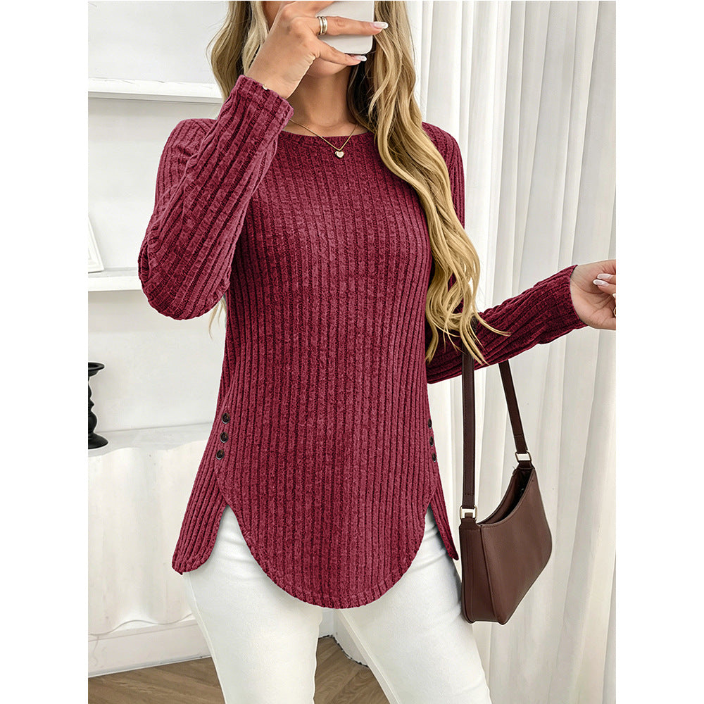 Ribbed Brushed Knit Button Side Long Sleeve Top