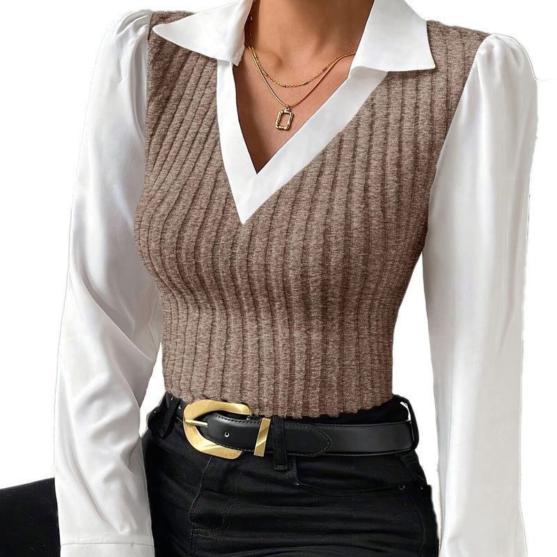 Collared V Neck Mixed Media Long Sleeve Knit Top