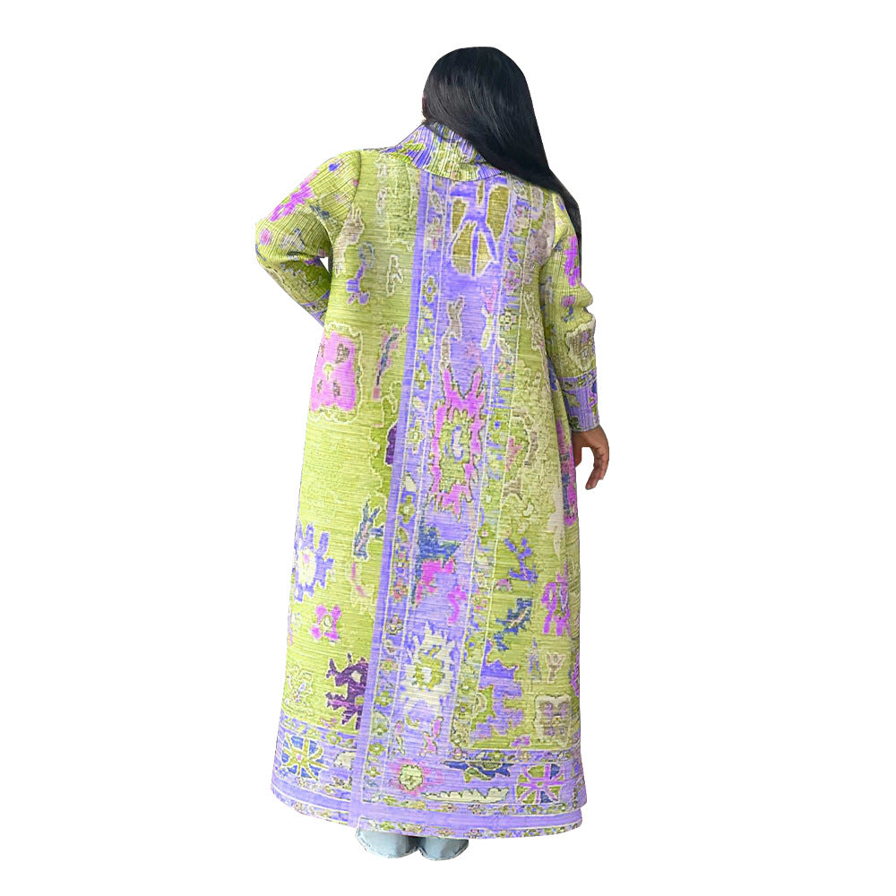 Plus Size Pleated Geometric Maxi Duster Coat