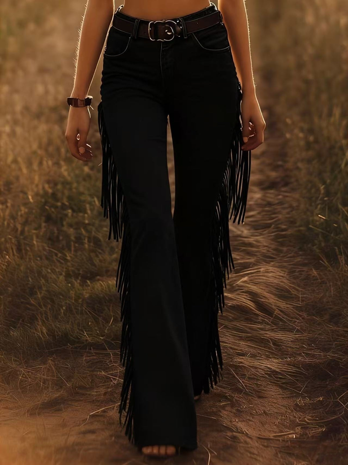 Women's Fringe Faux Suede Flare Pants Western Boho
