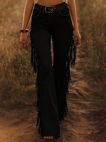 Women's Fringe Faux Suede Flare Pants Western Boho