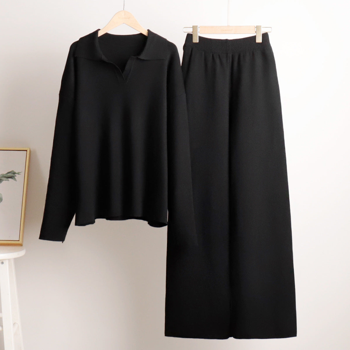 Women's Polo Knit Sweater Set with Wide Leg Pants