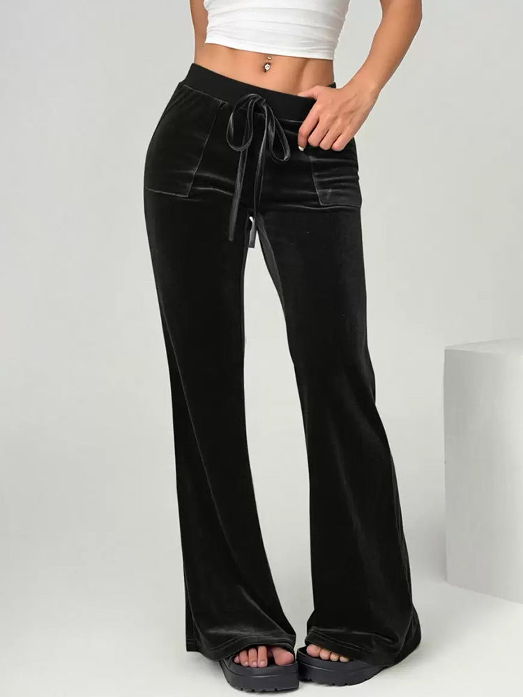 Velvet Drawstring Flare Pants with Pockets