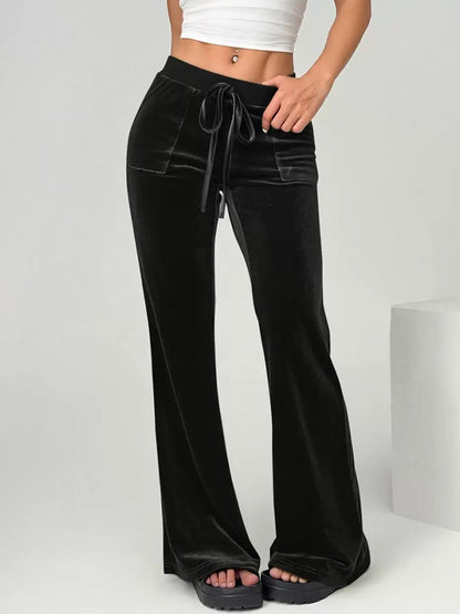 Velvet Drawstring Flare Pants with Pockets