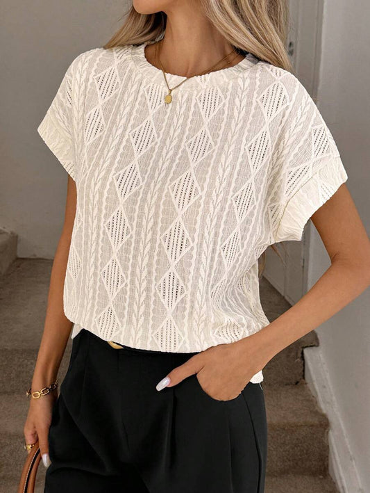 Textured Jacquard Knit Crew Neck Short Sleeve Top