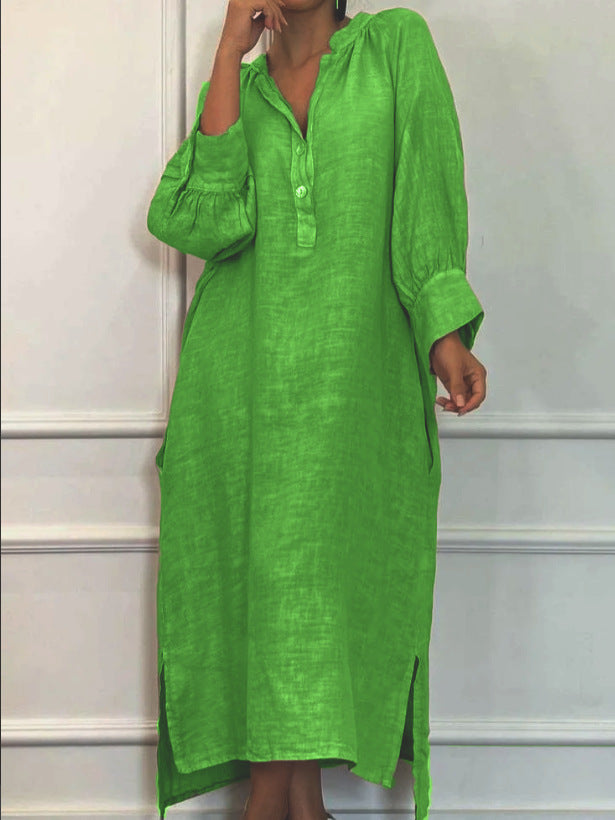 Linen Blend Long Sleeve Button Down Maxi Dress Pockets