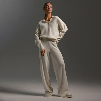 Women's Polo Knit Sweater Set with Wide Leg Pants