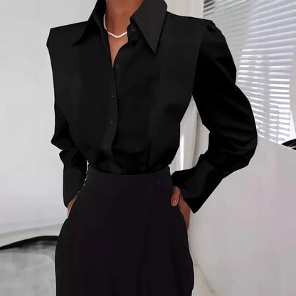 Women's Square Shoulder Button Down Blouse Long Sleeve Top
