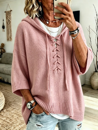 Womens Oversized Hooded Sweater Lace-Up 3/4 Sleeve Pullover