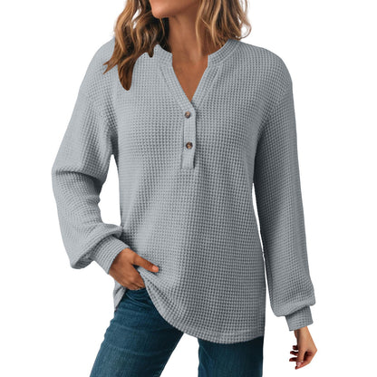 Women's Waffle Knit Long Sleeve Henley Top