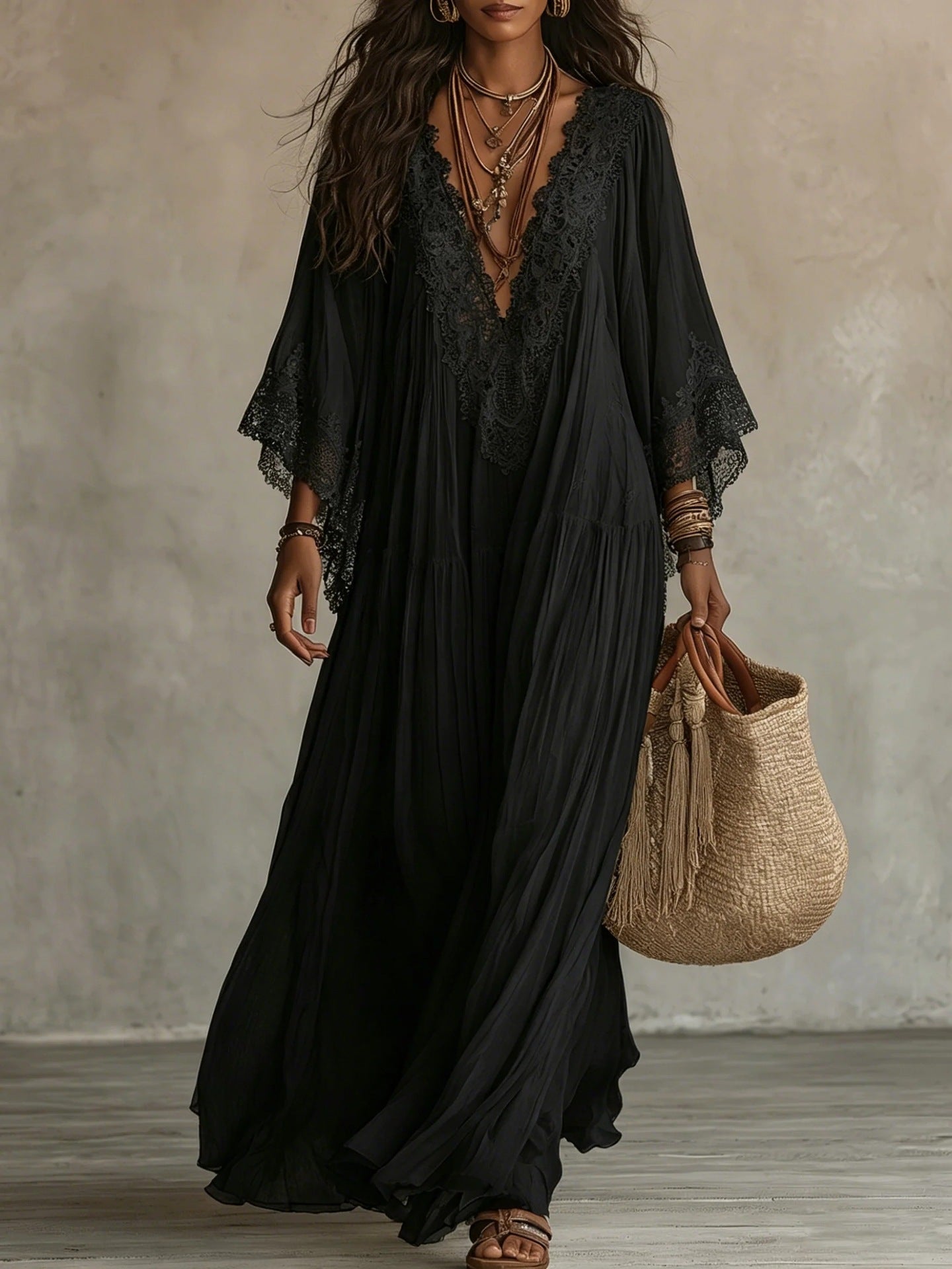 Women's Boho Lace Chiffon Long Sleeve Maxi Dress