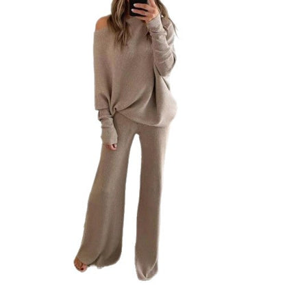 Womens Cozy Off Shoulder Sweater Set Wide Leg Pants