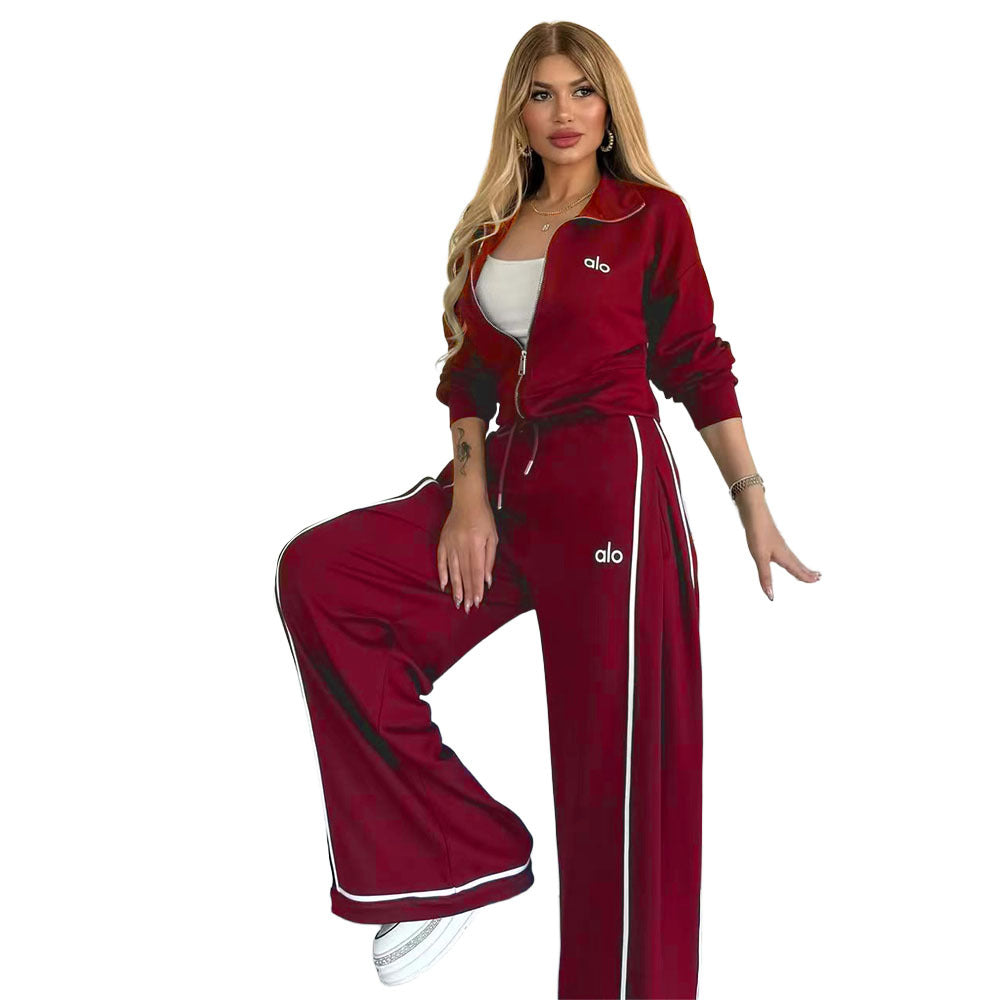 Women's 2 Piece Tracksuit Embroidered Wide Leg Pants Set