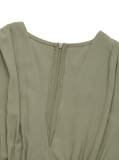 Solid Pleated V-Neck Dress Lantern Sleeve Elegant