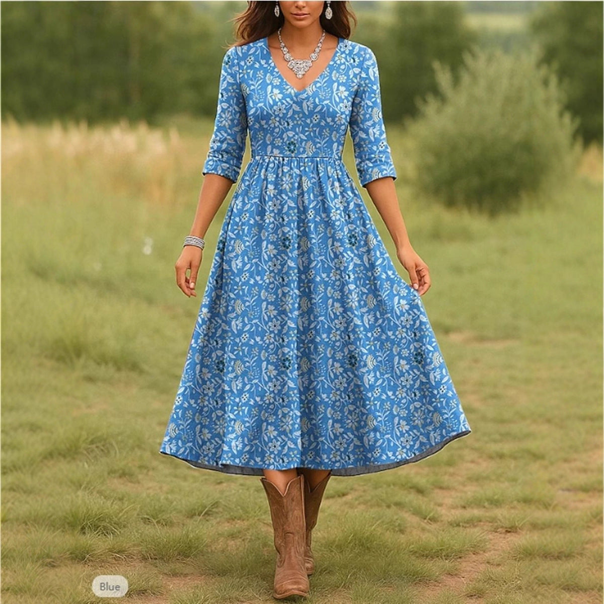 Boho Floral V-Neck 3/4 Sleeve Maxi Dress