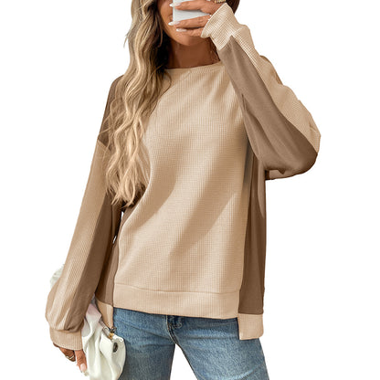 Color Block Waffle Knit Long Sleeve Pullover Top