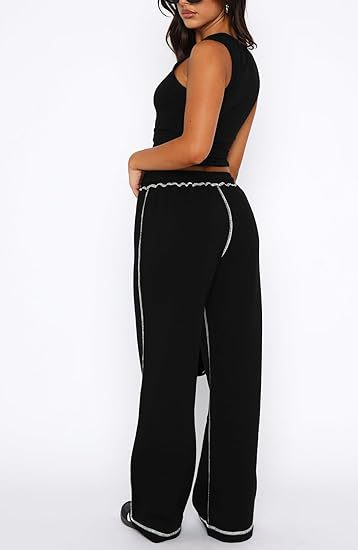 High Waist Wide Leg Jogger Pants with Contrast Stitching