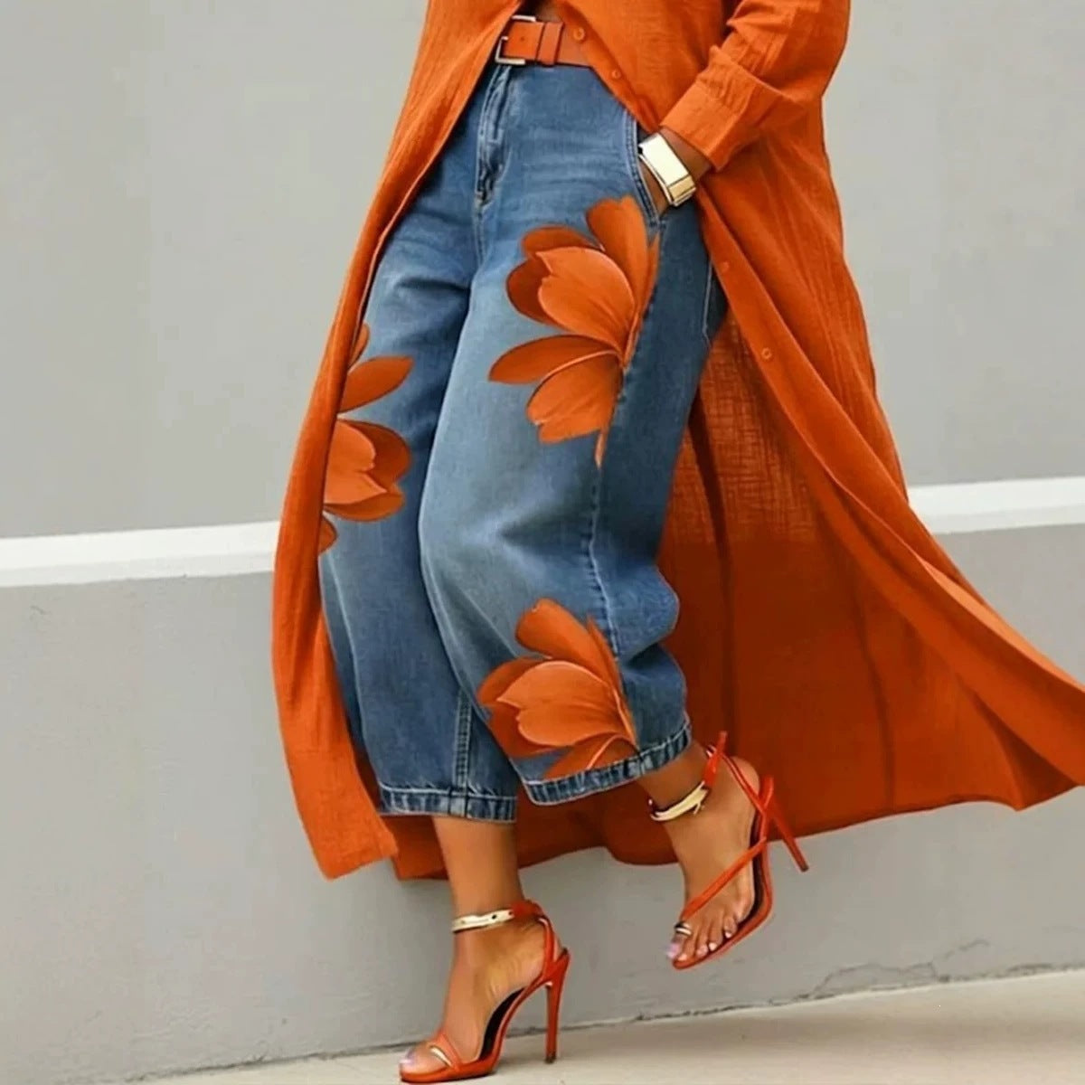 Women's Floral Denim Wide Leg Pants