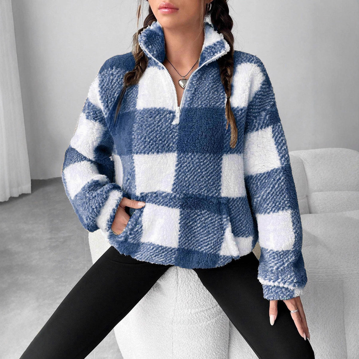 Women's Plaid Sherpa Quarter Zip Pullover with Pocket