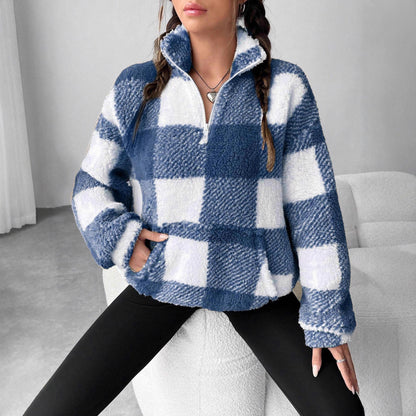 Women's Plaid Sherpa Quarter Zip Pullover with Pocket