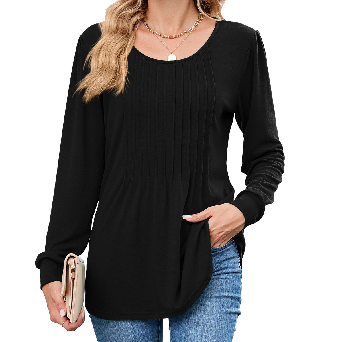 Women's Long Sleeve Pleated Tunic Top Loose Casual Blouse