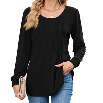 Women's Long Sleeve Pleated Tunic Top Loose Casual Blouse