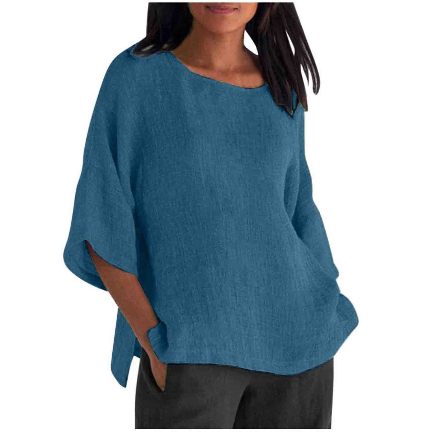 Women's Linen Top Oversized 3/4 Sleeve Round Neck 25 Colors