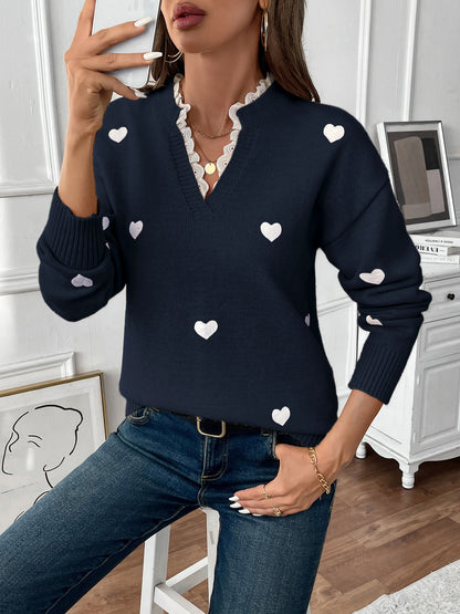Heart Print V Neck Knit Sweater Casual Valentine Pullover