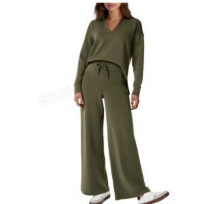 Women's 2 Piece Lounge Set Collared Top Wide Leg Pants