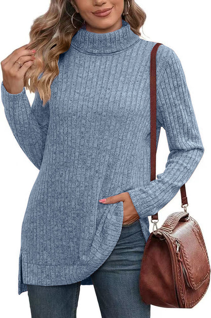 Oversized Ribbed Turtleneck Tunic Top Side Split