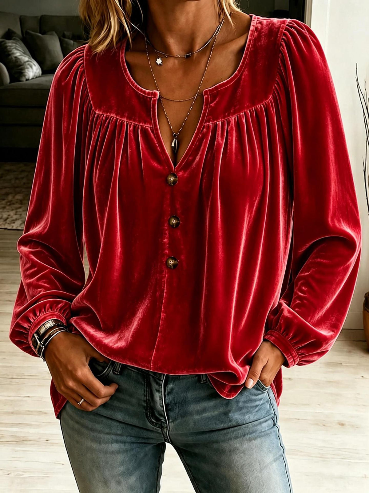 Women's Velvet V-Neck Balloon Sleeve Button Blouse