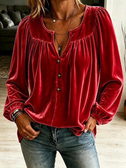 Women's Velvet V-Neck Balloon Sleeve Button Blouse