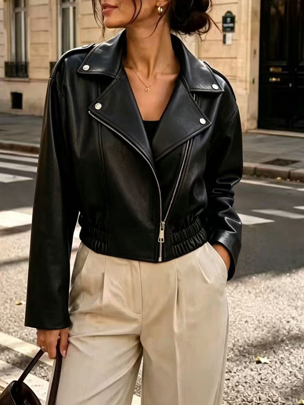 Womens Cropped Faux Leather Moto Jacket Zip Up