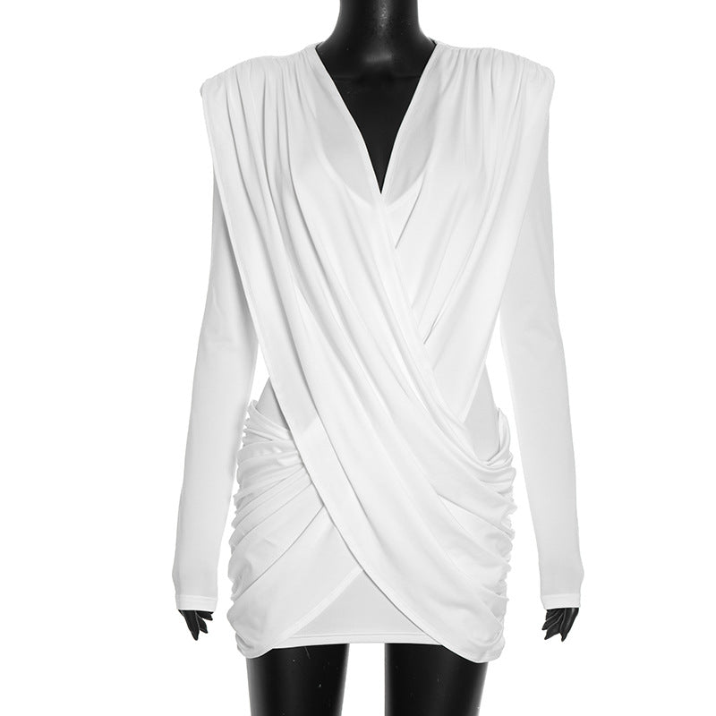 Sexy Deep V Neck Long Sleeve Ruched Bodycon Mini Dress